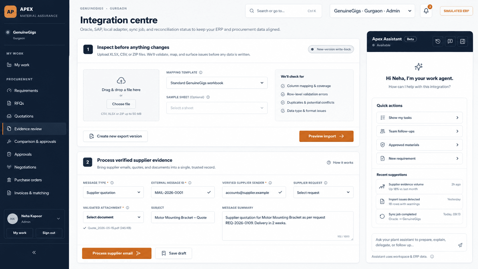 GenuineGigs Integration Centre showing controlled manufacturing source connections